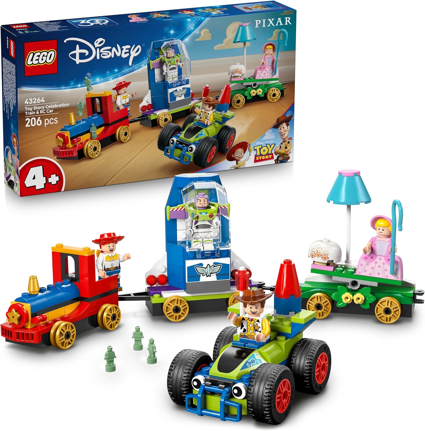 LEGO® Disney 43264 Partyzug und das Auto RC aus Toy Story – Verpackung, Zubehör und Details sichtbar