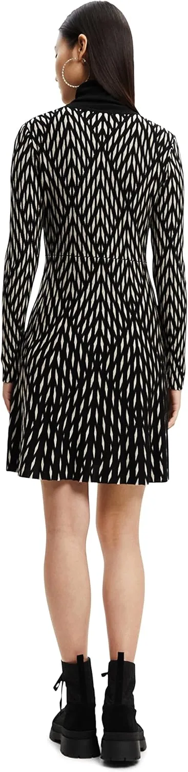 Desigual Damen Kleid - Schwarz-weißes Strickkleid mit Rollkragen 22WWVF072000 GR. S