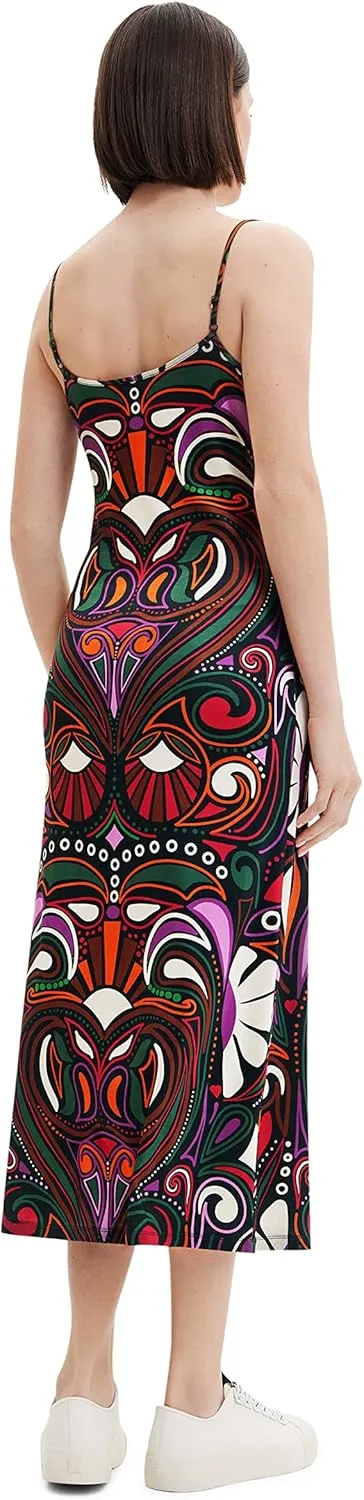 Desigual Damen Kleid - Buntes Midikleid mit Trägern und Retro-Muster 22WWVK232000 GR. L