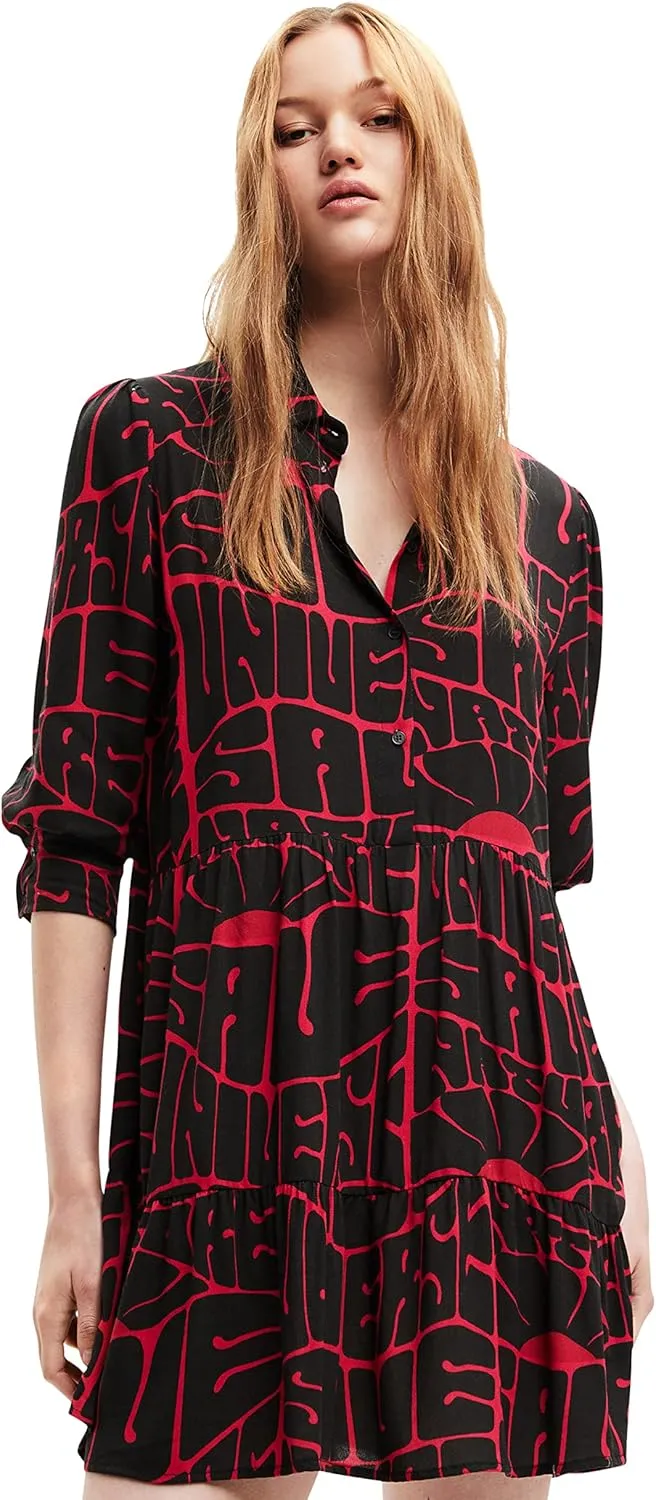 Desigual Damen Kleid - Schwarzes Kleid mit pinkem Schriftzug-Print 22WWVW203001 GR. S