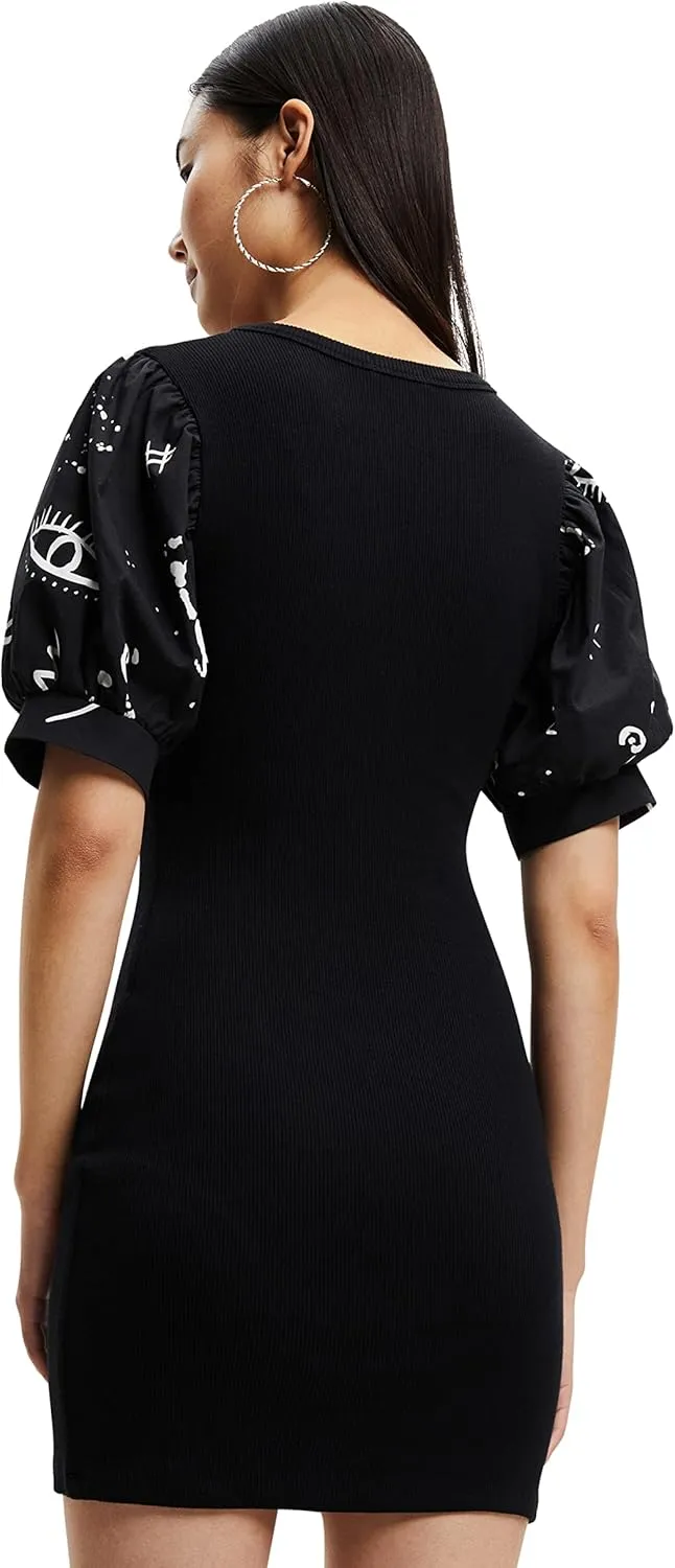 Desigual Damen Kleid - Schwarzes Kleid mit Puffärmeln und Kontrastprint 22WWVK712000 GR. L