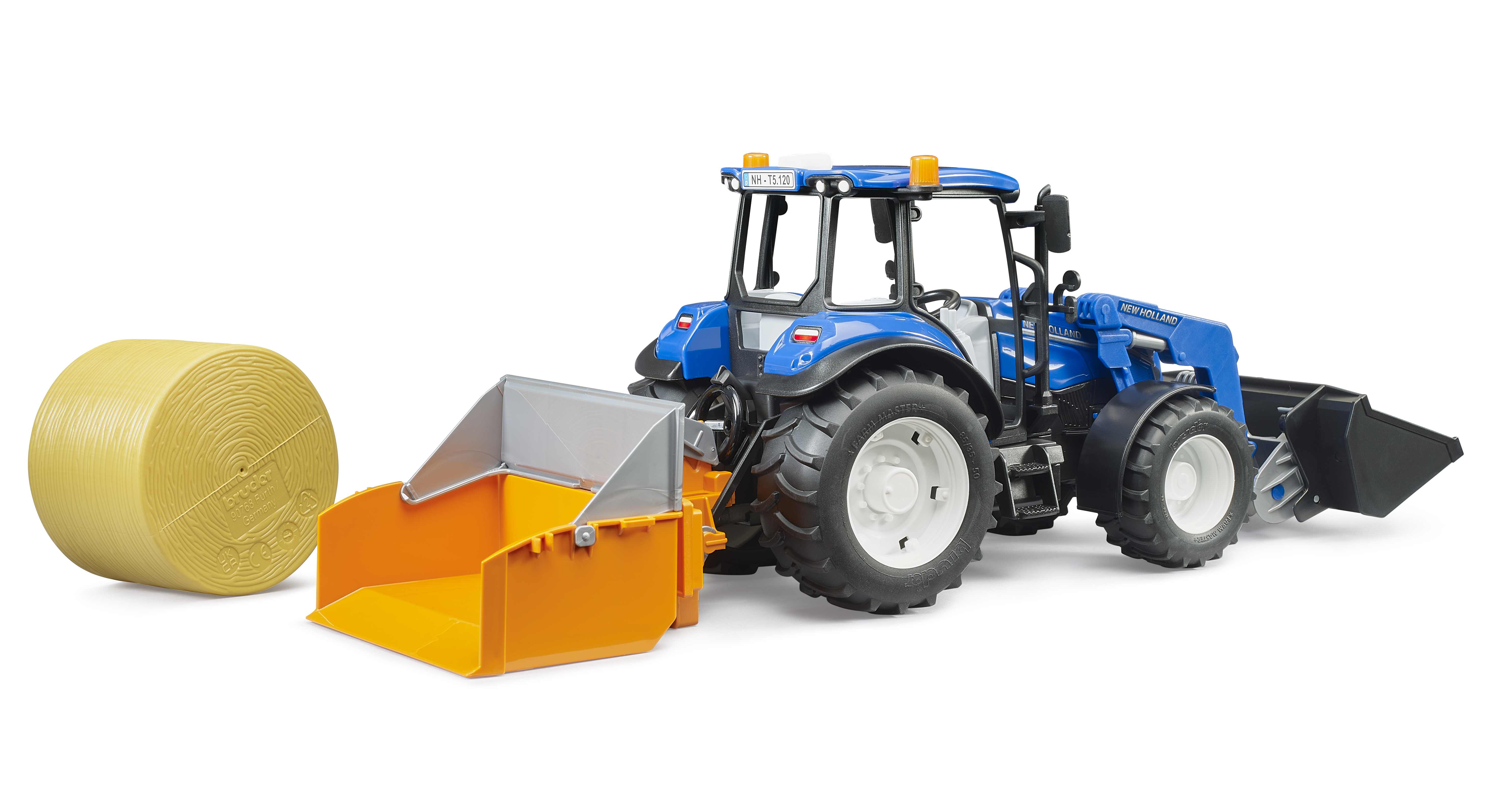 BRUDER 02187 - New Holland T5.120 mit Frontlader, Ladekasten, Gabeln und Rundballen - Bild 3