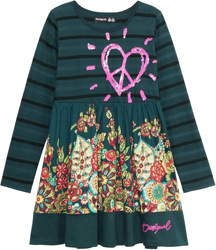 Desigual Mädchen Kleid „Physalis“ - Blumenmuster mit Pailletten-Herz 19WGVK93