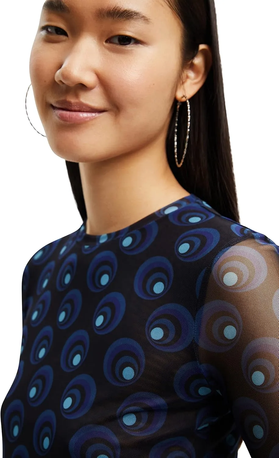 Desigual Damen Langarmshirt - Schwarzes Mesh-Shirt mit blauem Kreisprint 22WWTK815000 GR. XS
