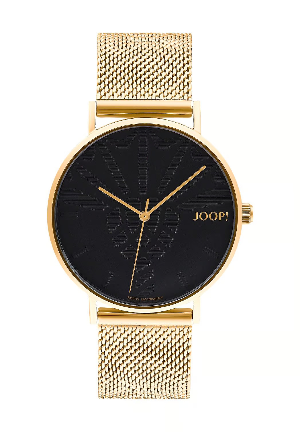 JOOP!, Uhr, aus, goldfarbenem, Edelstahl, schwarzes, Zifferblatt, mit, Kornblumenmuster, Milanaisearmband, Schweizer, Quarzwerk, Ronda, wasserdicht, bis, 5, bar, Damen