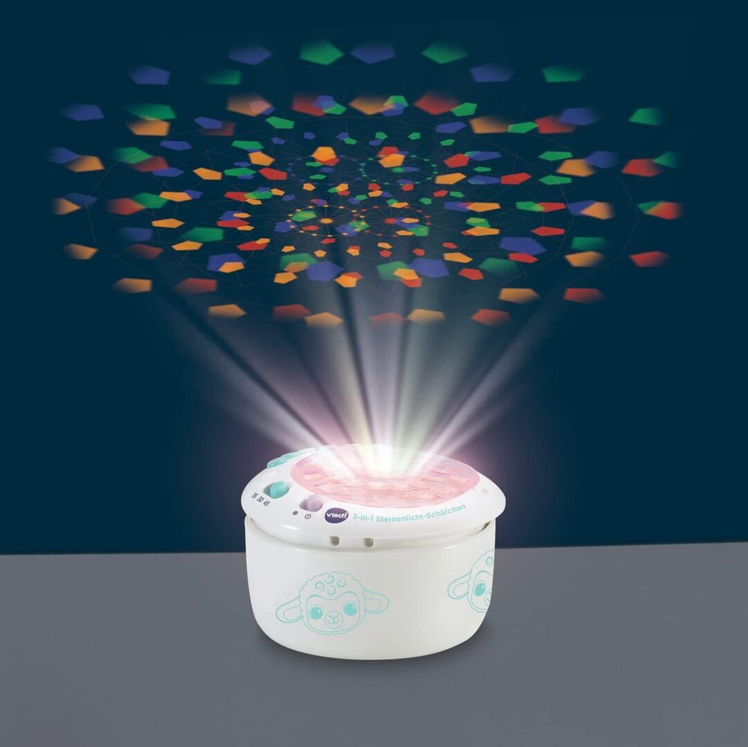 VTech 3-in-1 Sternenlicht-Schäfchen Projektion, Musik & Kuscheltier ab 0,5 Jahr VTech 3-in-1 Sternenlicht-Schäfchen aus weichem Plüsch mit abnehmbarem Projektormodul, 3 Lichtschablonen, 3 Liedern, 40 Melodien, 25 Natur-Sounds, Timer & Geräusch-Sensor, ab 0,5 J., Krug, Krug