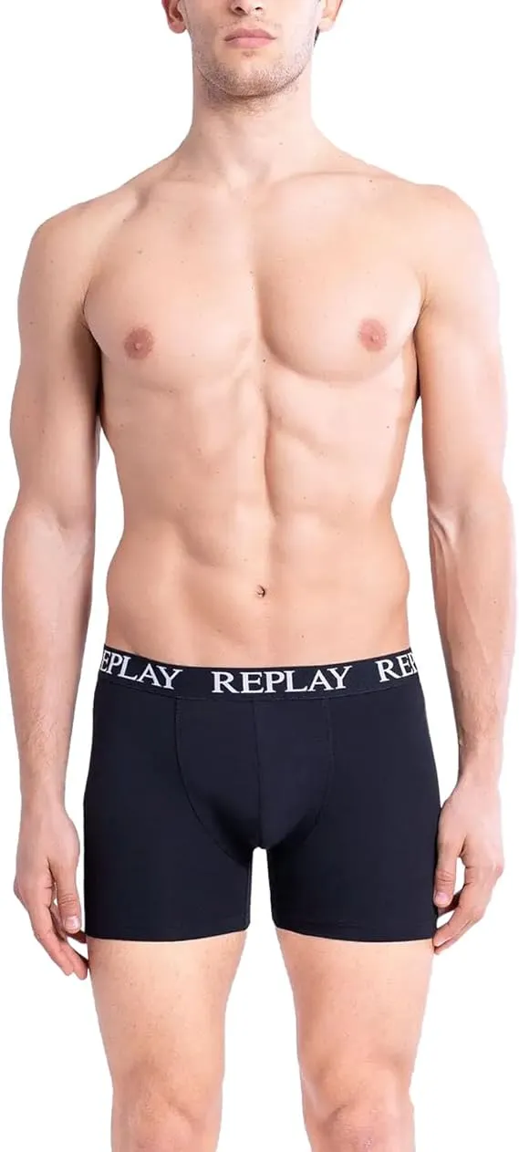 REPLAY Herren Boxershorts I101102BK - Schwarz, 3er Pack mit Logo-Bund GR. M
