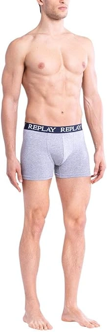 REPLAY Herren Boxershorts I101005GI - Grau/Indigo, 2er Pack mit Logo-Bund GR. L