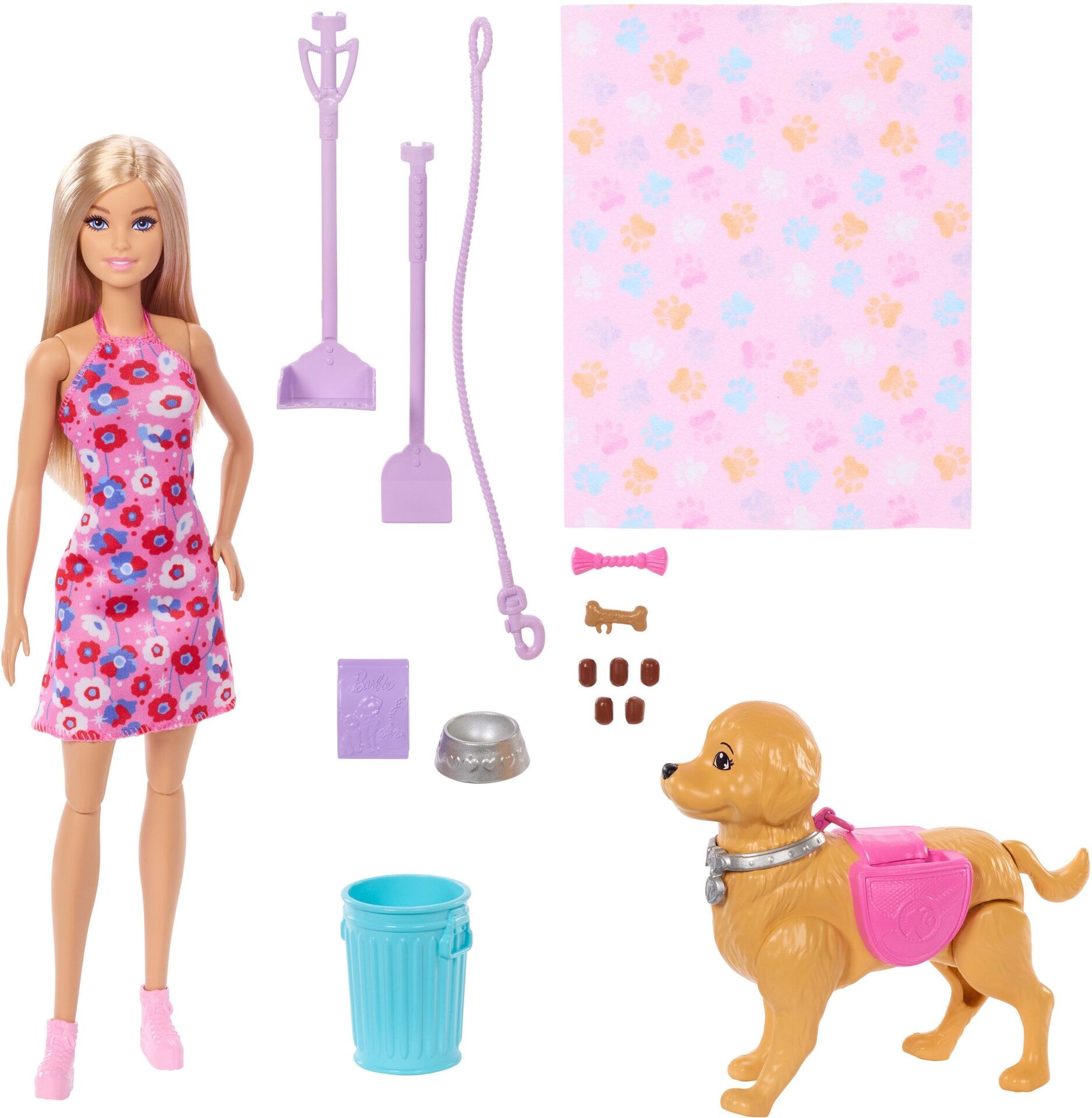 Puppe - Mattel - Barbie Malibu Hundespaziergang Spielset, enthält Puppe, Hund zum Spazierengehen und Häufchenmachen &