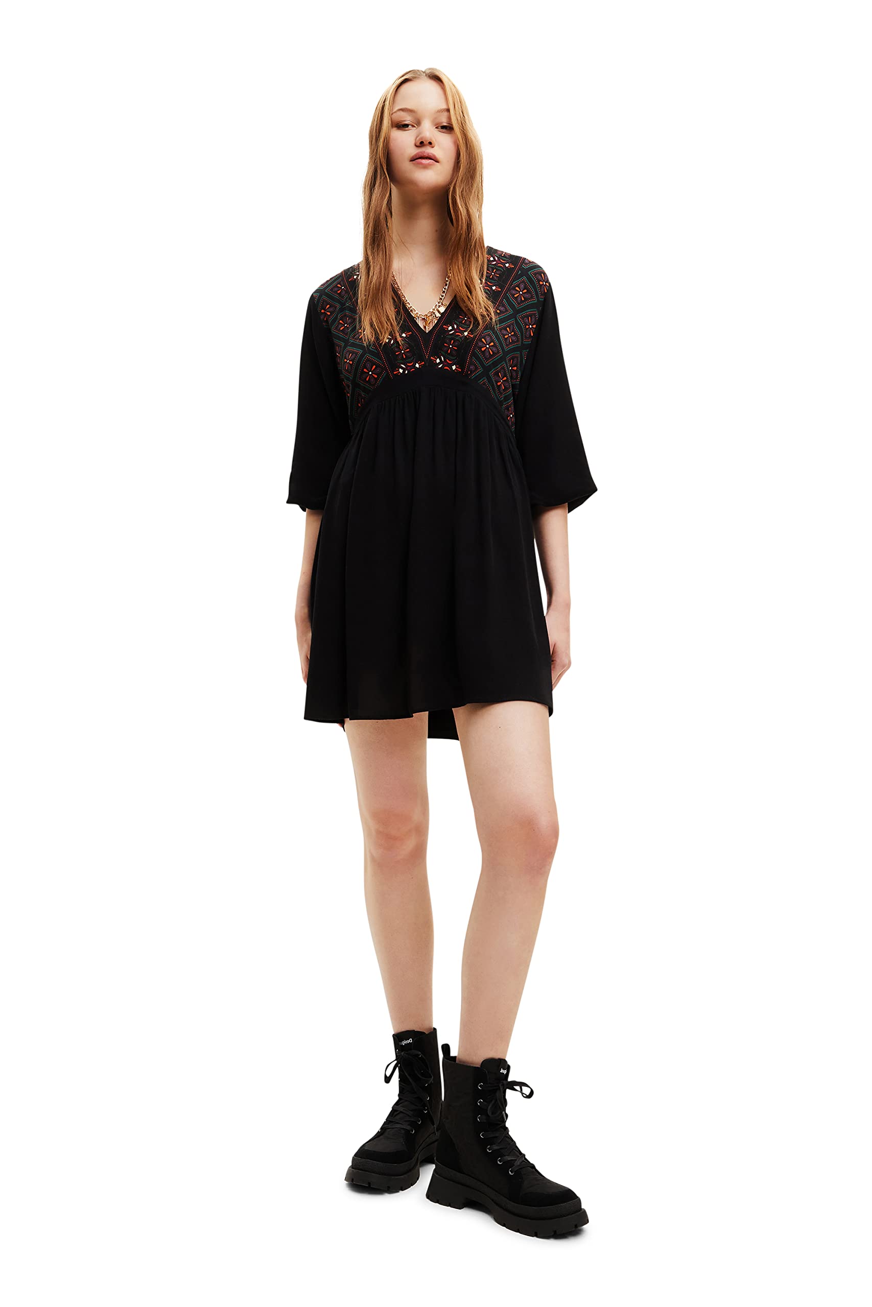 Desigual Damen Casual Dress - Langarmkleid mit geometrischem Muster. Schwarz GR. XXL