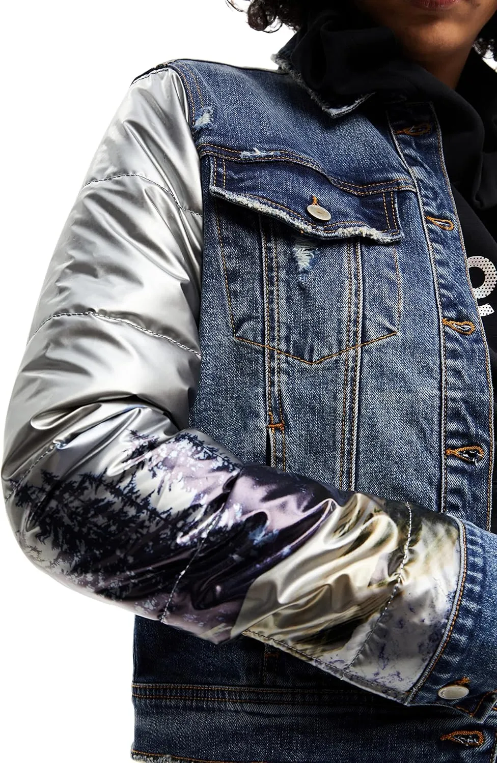 Desigual Damen Jacke - Jeansjacke mit silbernen Ärmeln 22WWEWAX2004 GR. S