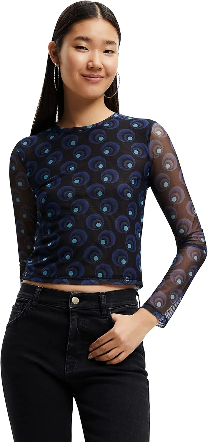 Desigual Damen Langarmshirt - Schwarzes Mesh-Shirt mit blauem Kreisprint 22WWTK815000 GR. XS