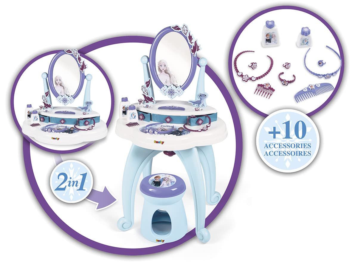 Smoby Frozen Schminktisch 2-in-1 mit Hocker und mehr als 10 Accessoires Spiegel, Stuhl, Schmuck, Parfumfläschchen, Kamm, 87×49×36 cm, ab 3 Jahren,
