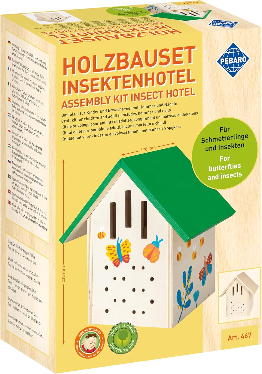 Pebaro Holzbauset Insektenhotel – Komplett-Set für Kinder & Erwachsene – Verpackung, Zubehör und Details sichtbar