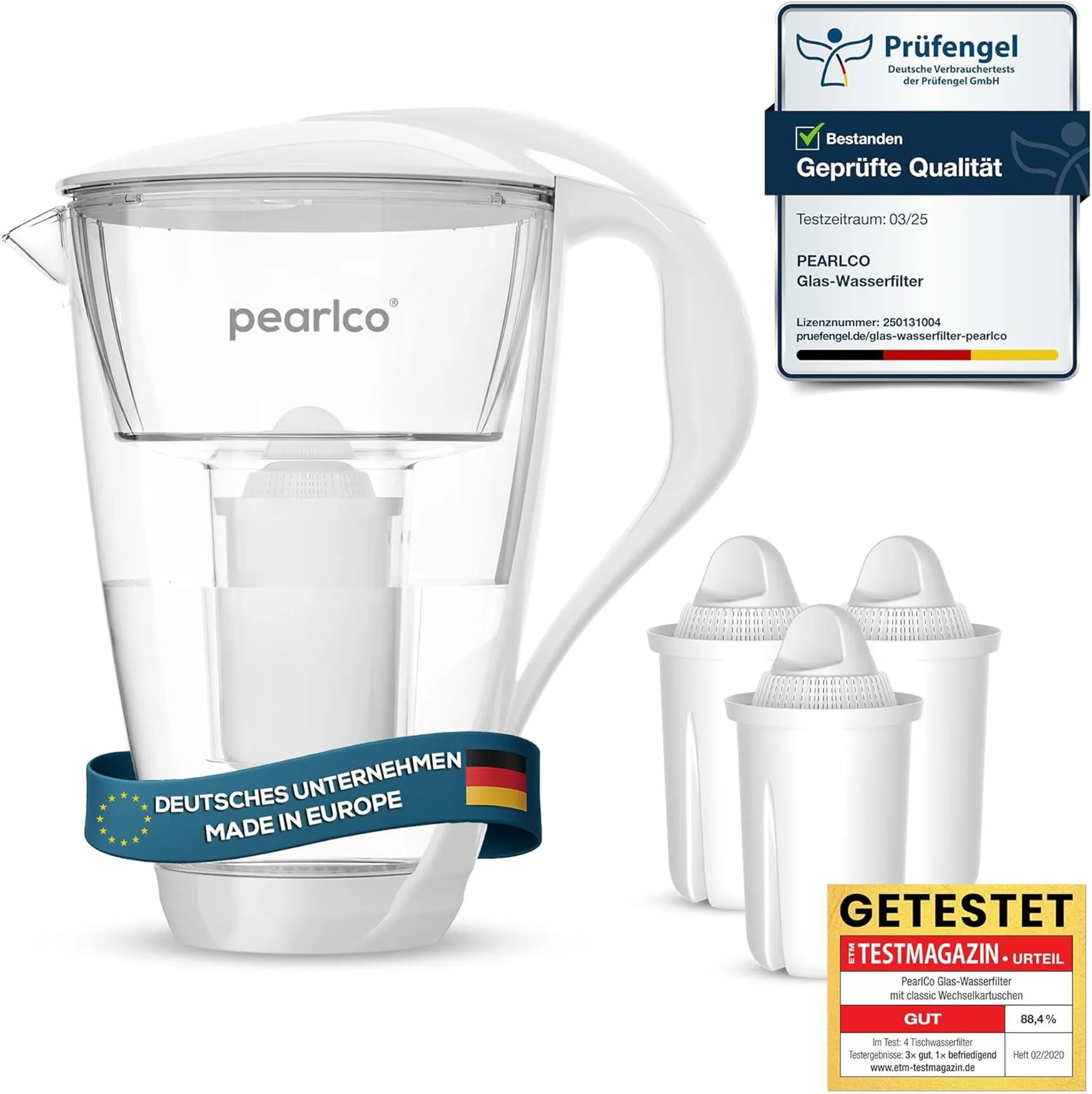PEARLCO 234296 Glas-Wasserfilter inkl. 3 Kartuschen Weiß