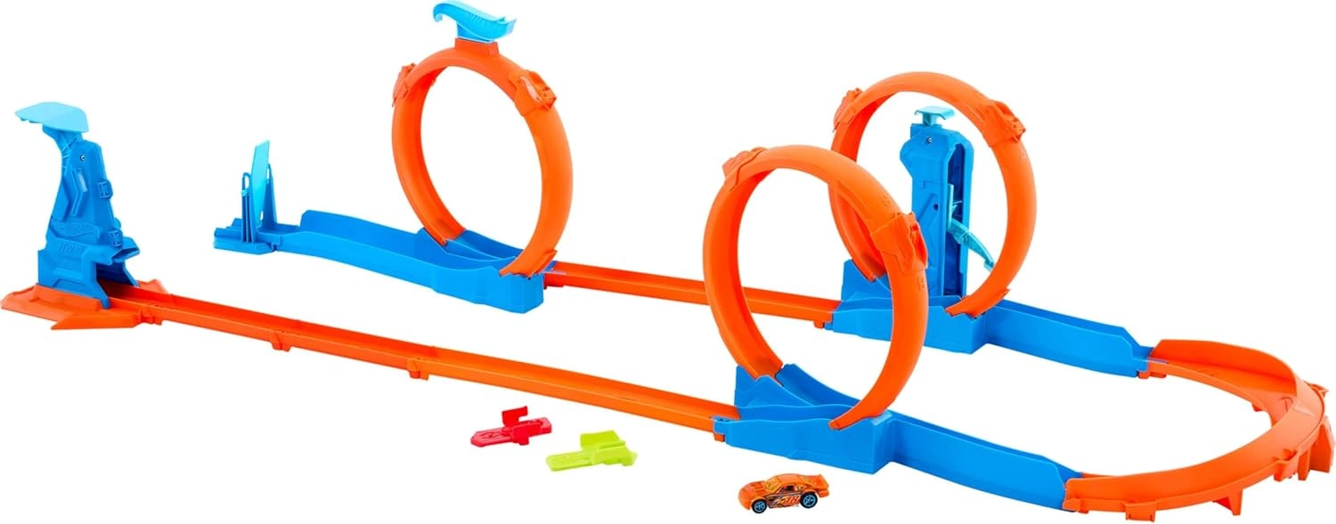 Hot Wheels Track Creator Dreifach-Looping-Pack und Spielzeugauto im Maßstab 1:64, Trackbauset