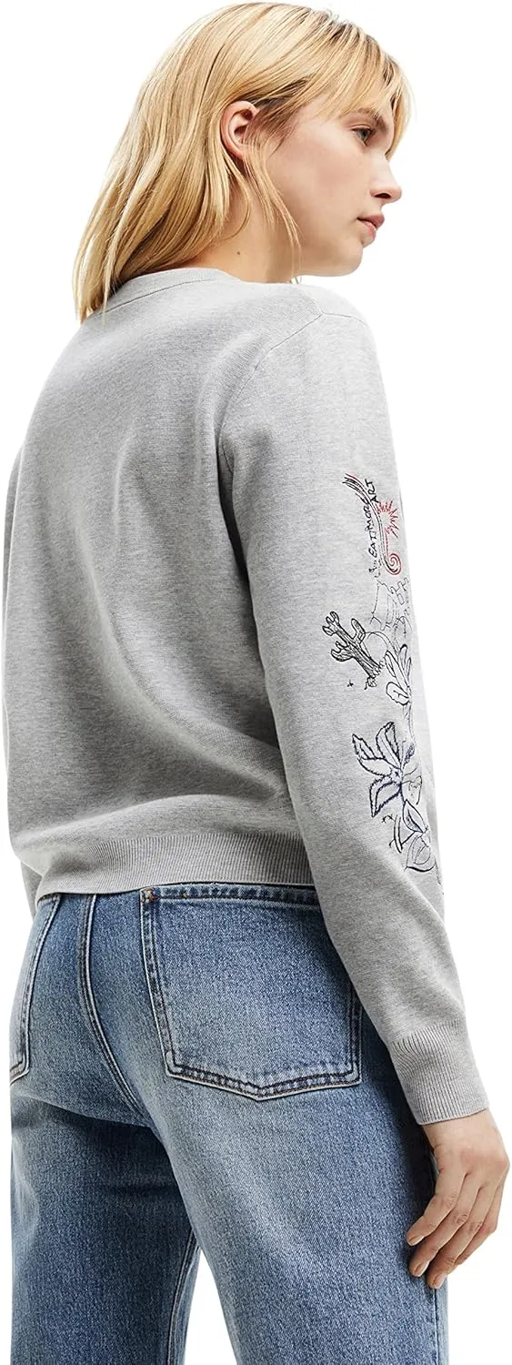 Desigual Damen Pullover - Grauer Sweater mit floraler Stickerei 22WWJFAF2042 GR. XS