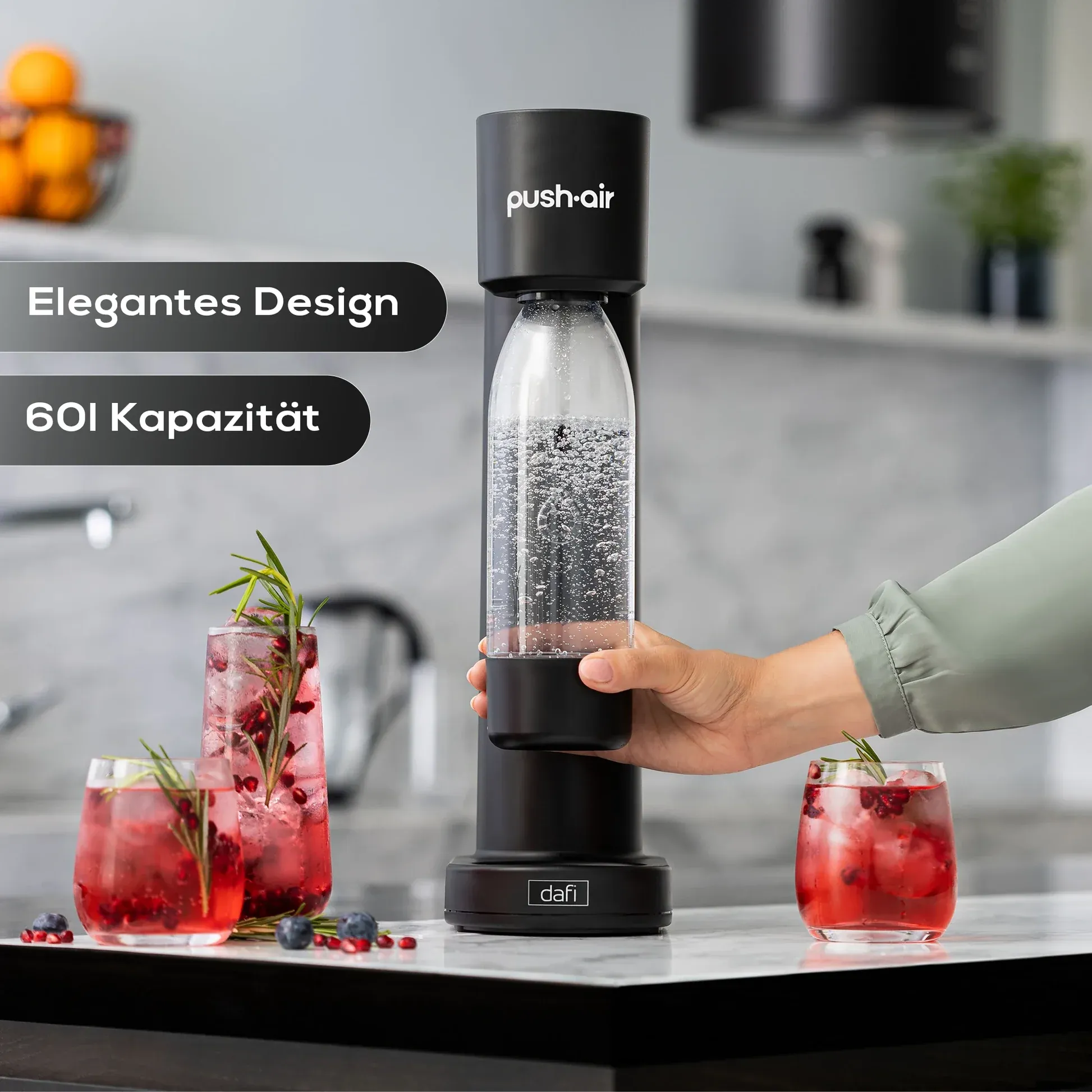 PEARLCO 079058 DAFI Wassersprudler Pushair inkl. CO₂-Zylinder und 0,7 l Flasche – Schwarz