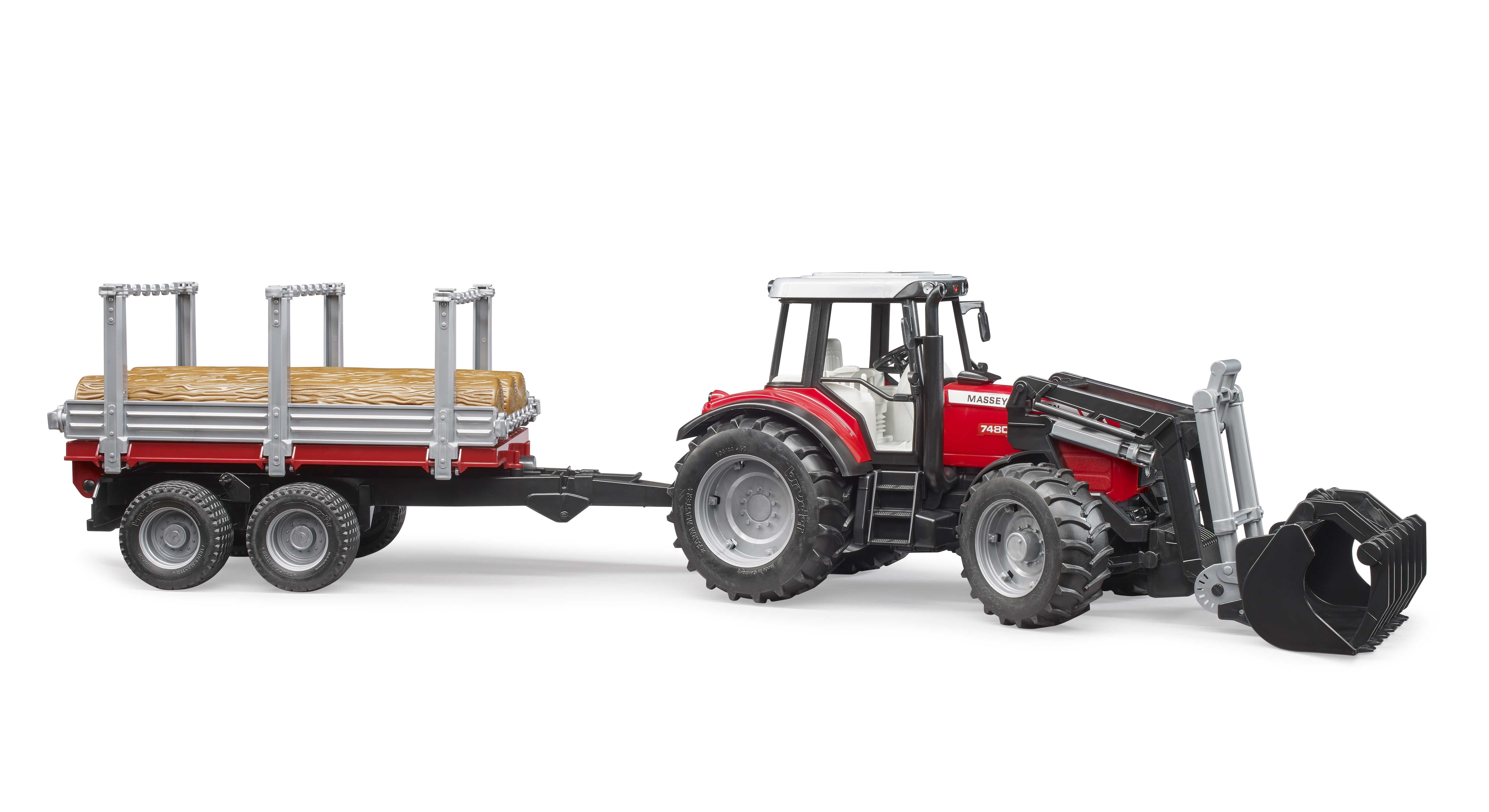 BRUDER 02046 - Massey Ferguson 7480 mit Frontlader, Holztransportanhänger und 3 Baumstämmen - Bild 4