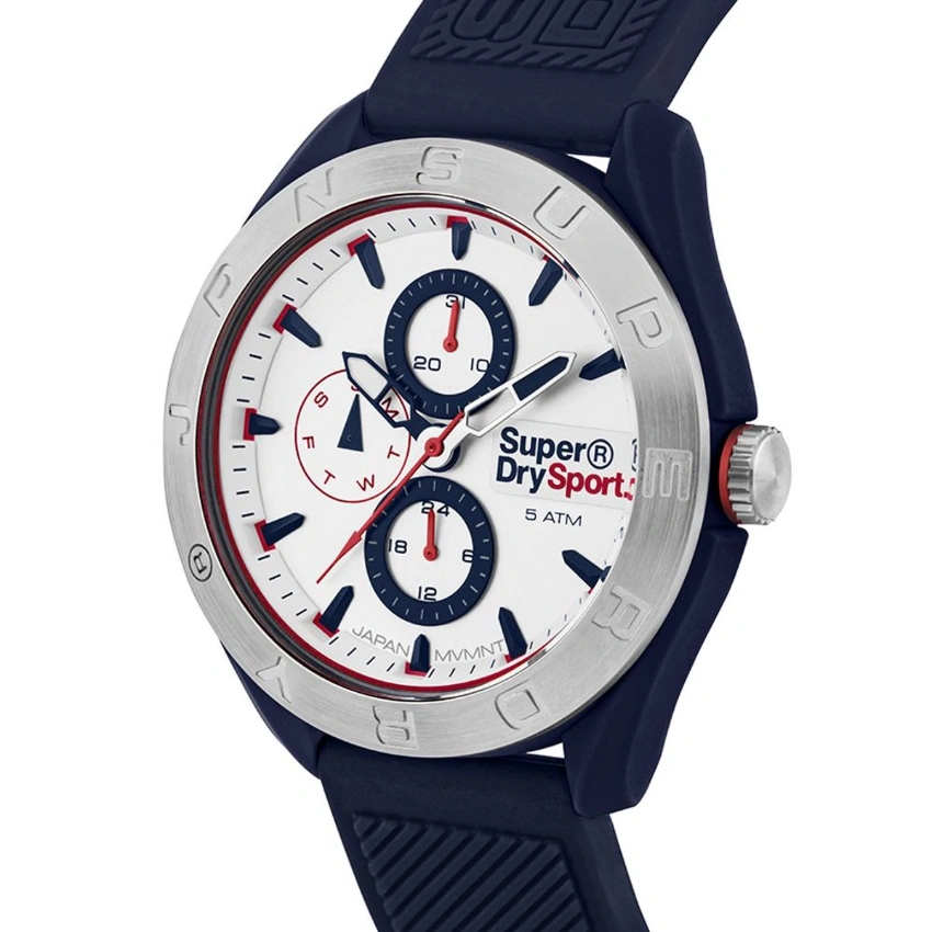 Superdry SYG244U - Herren-Analoguhr, 43 mm, Silikon Blau, silbernes Gehäuse