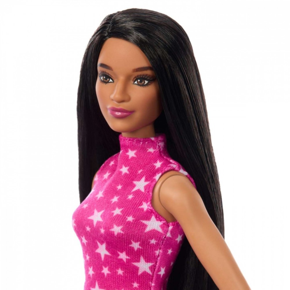 Barbie® Fashionistas-Puppe - 65th Anniversary, inspiriert von 1986, pinkfarbenes Oberteil mit Sternenmuster, schimmernder Rock mit Rüschen, weiße Stiefel & Armband, ab 3 Jahren