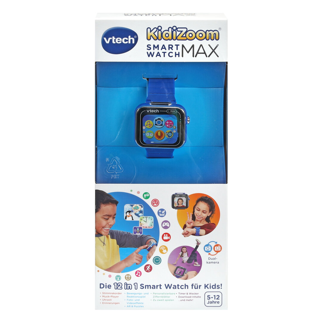VTech KidiZoom Smart Watch MAX blau Kinder-Smartwatch mit Duokamera & Touchscreen, ab 5 Jahren VTech KidiZoom Smart Watch MAX blau mit großem Touch-Display, Front- & Rückkamera, Schrittzähler, Spiele & Kreativ-Apps, Wecker, Musik-Player, spritzwassergeschützt, wiederaufladbarer Akku, ab 5 Jahren, Flasche, Person, Gesicht, Kopf