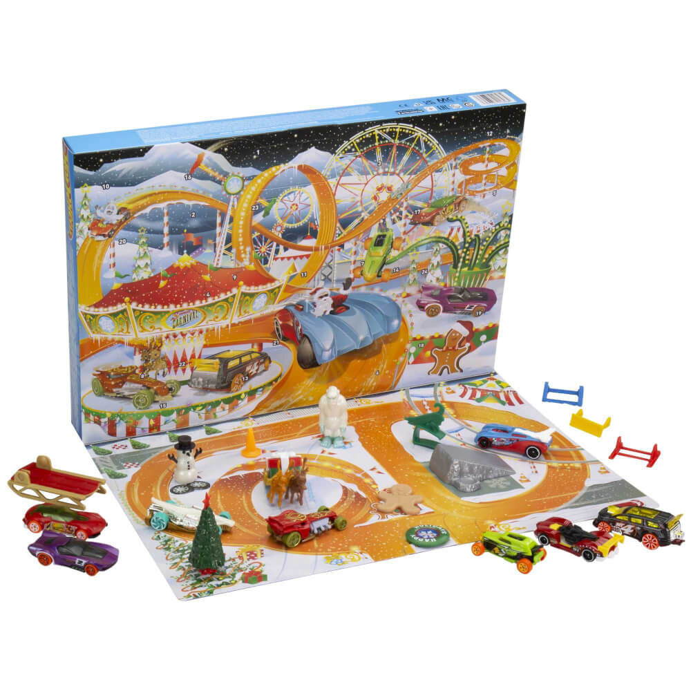 Hot Wheels Adventskalender – 24 Überraschungen mit 8 Fahrzeugen & Zubehör (Maßstab 1:64), Hot Wheels Adventskalender 2022 Hot Wheels Adventskalender – 8 Hot Wheels‑Fahrzeuge und 16 winterliche Zubehörteile im Maßstab 1:64, inklusive Spielmatte, Spielzeug, Maschine, Rad