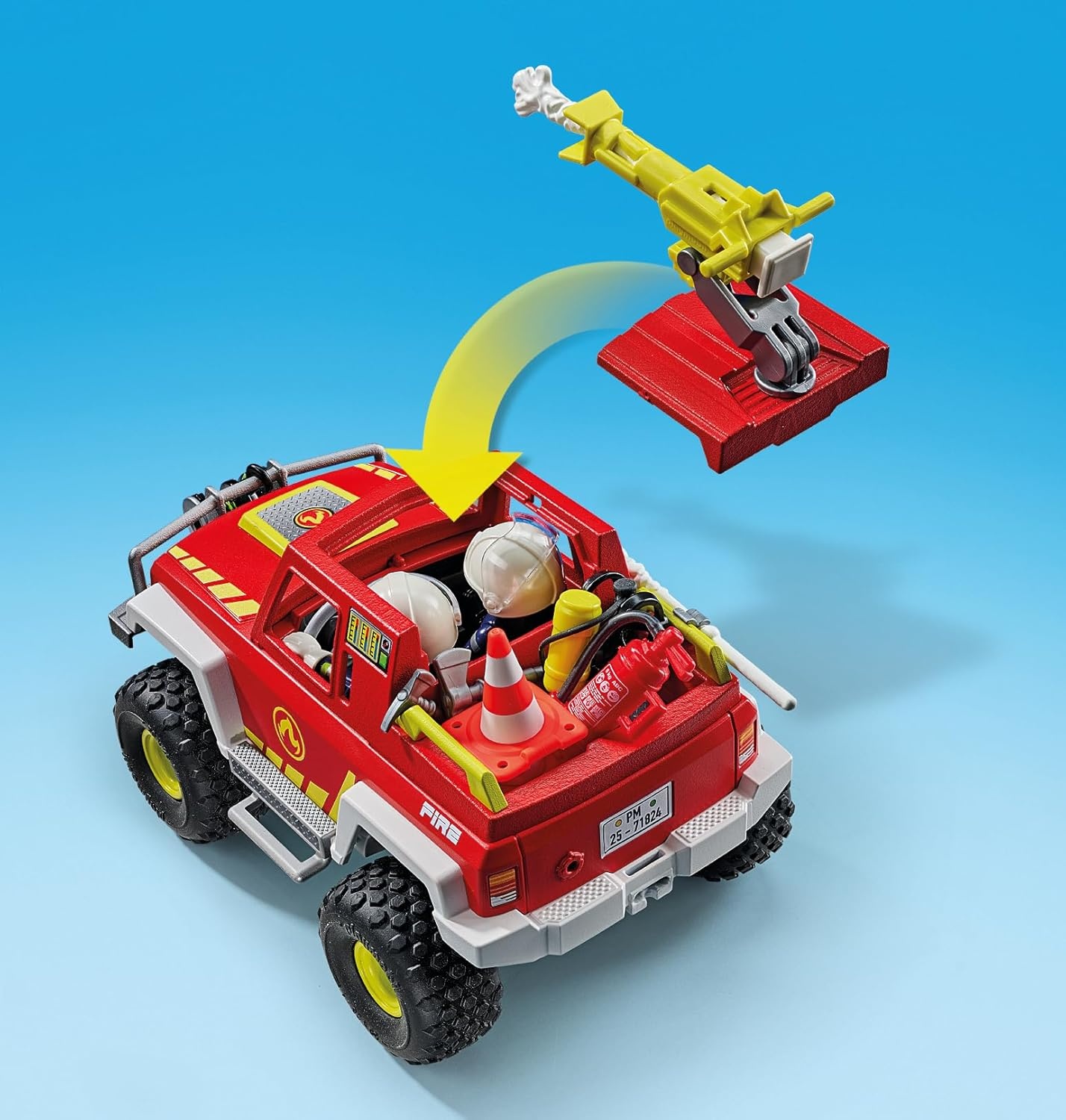 PLAYMOBIL 71824 – Action Heroes: Feuerwehrtruck mit Figur & Ölfass-Einsatz
