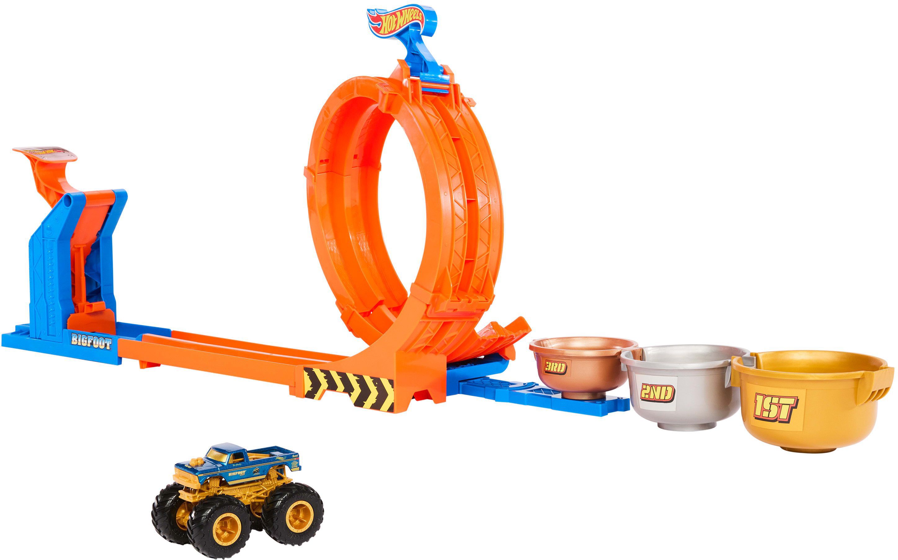 Hot, Wheels, Monster, Trucks, Loop, &, Flip, Trophy, Challenge-Spielset, und, Die-Cast-Bigfoot, Spielzeugtruck