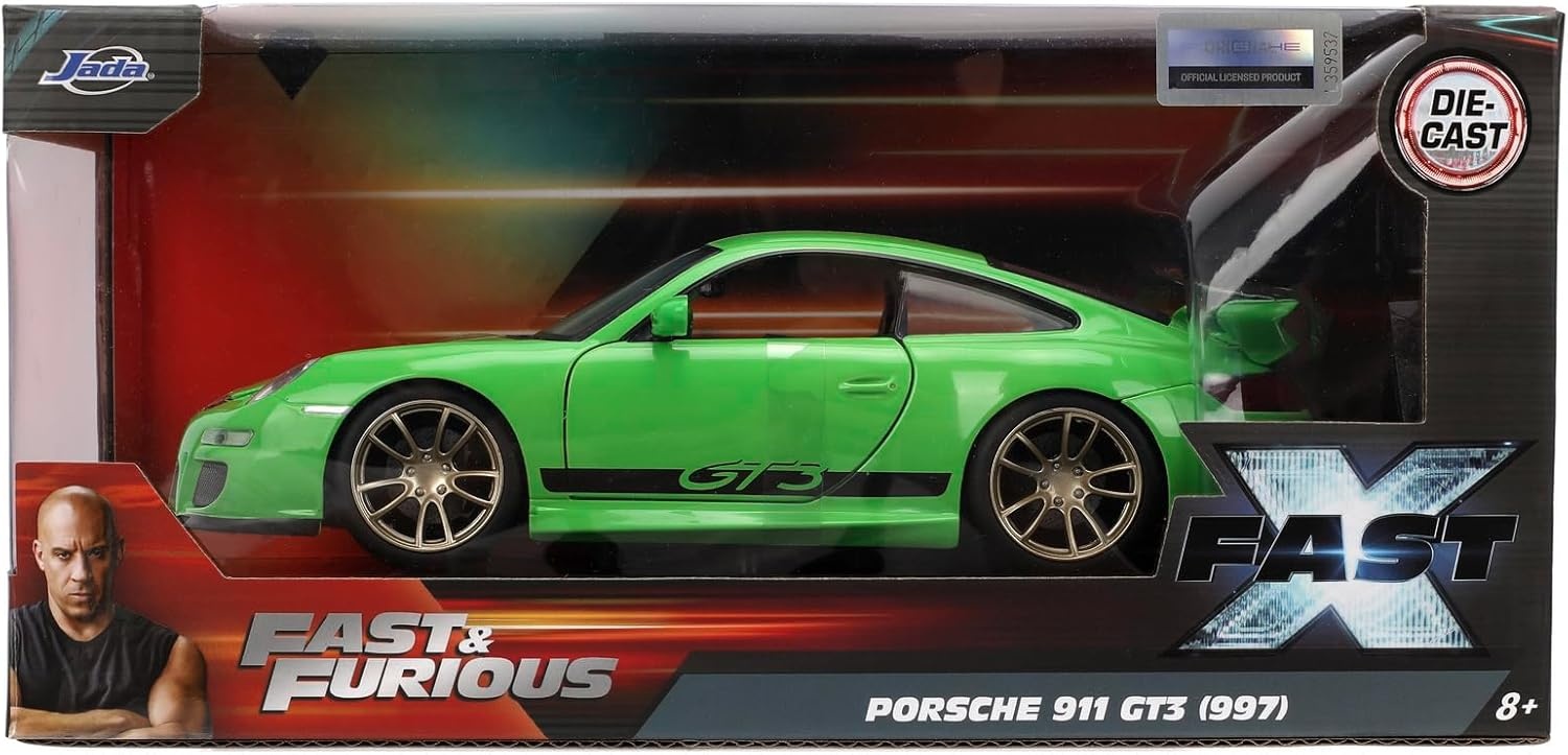 Jada 253203092 Fast & Furious 2007 Porsche 911 GT3 - Modellauto 1:24 Coupé, Sportwagen, Sprach, Rad, Leichtmetallrad